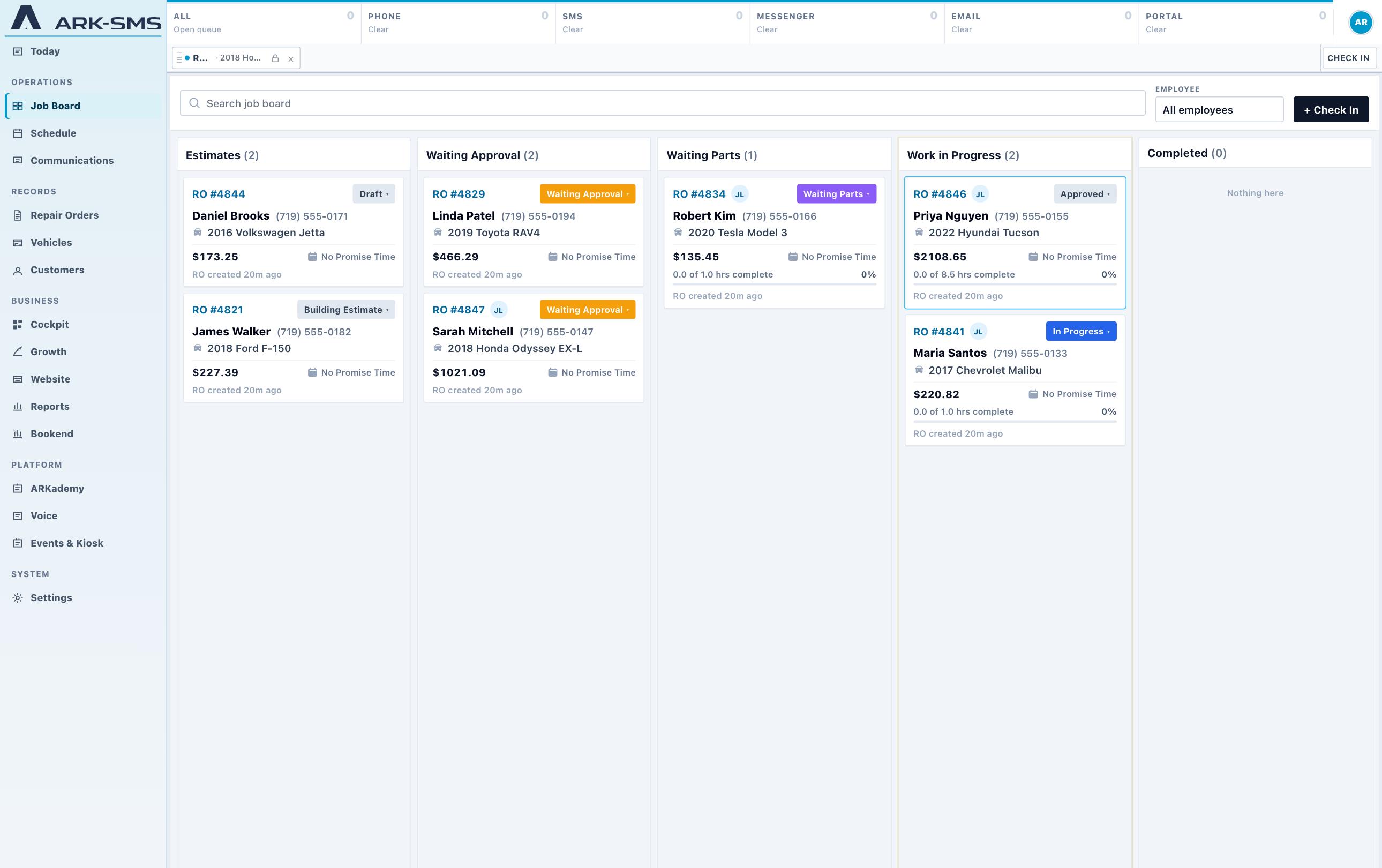 Shop job board with repair orders by stage