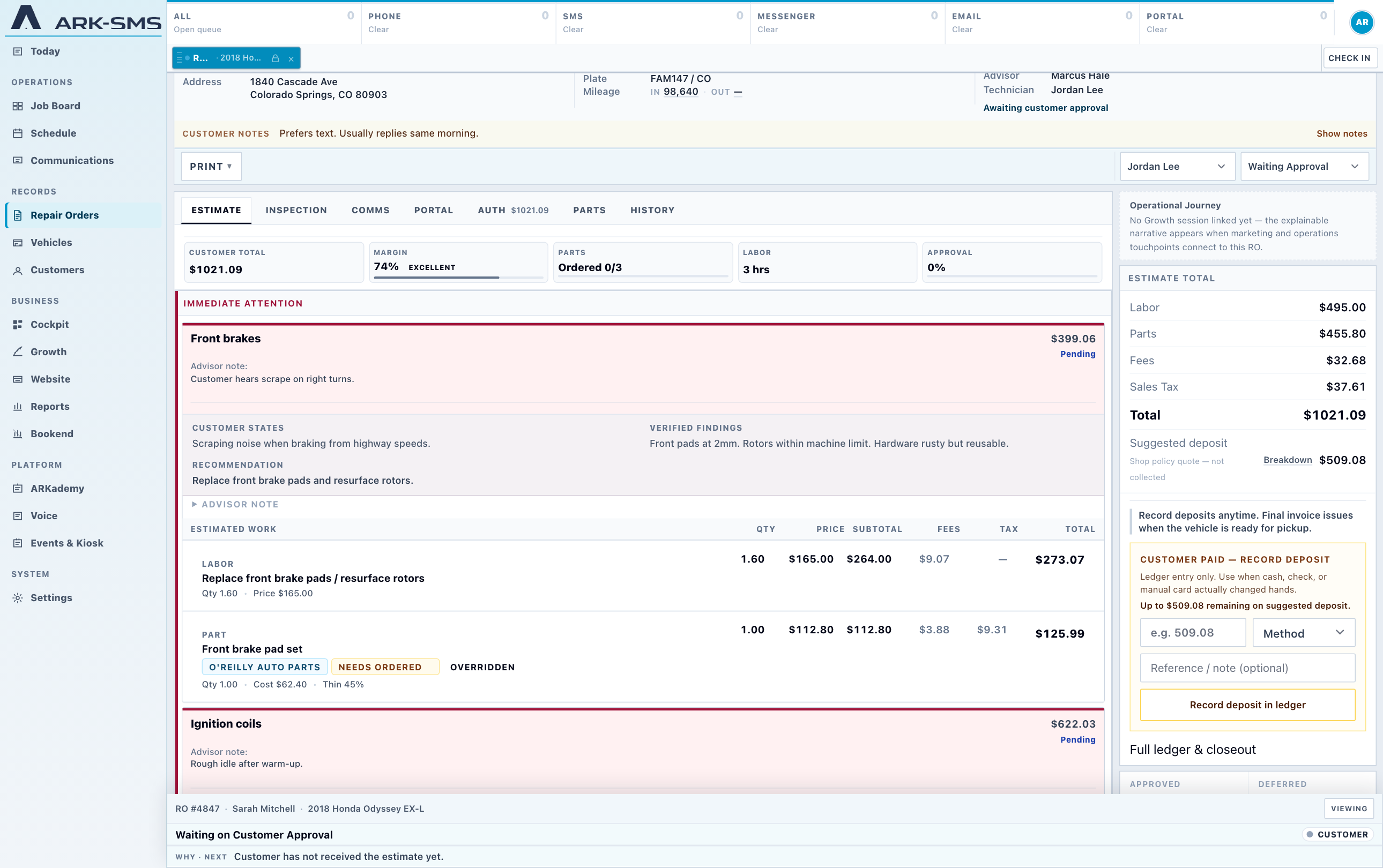 Live ARK repair order workspace from an independent shop